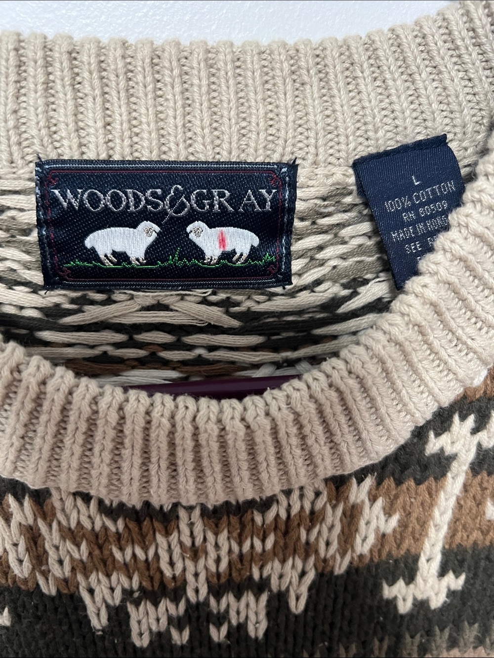 Vintage Grandpa Sweater 100% Cotton Beige & Brown Patterned Crewneck Sweater - Picture 5 of 7
